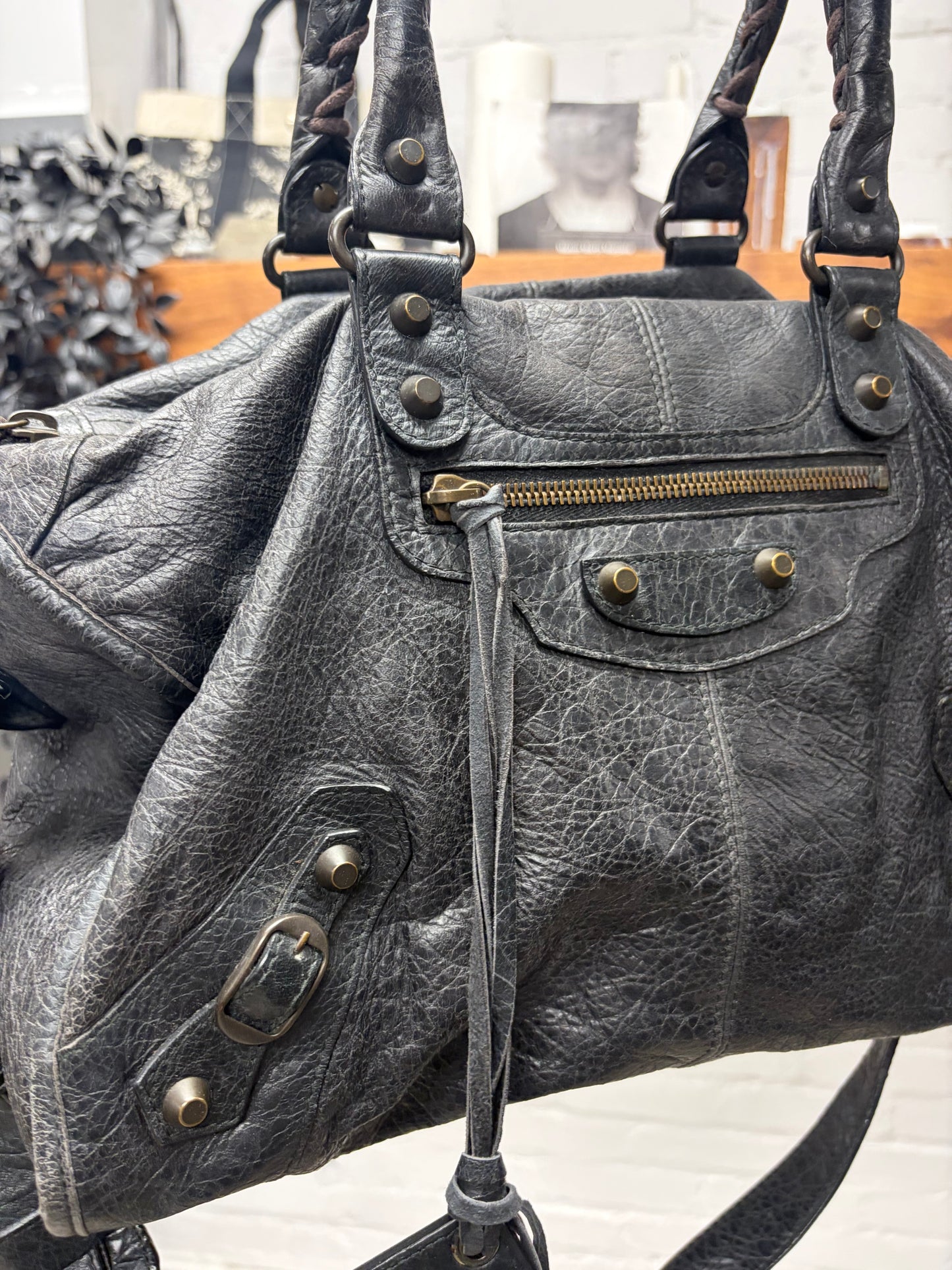 Balenciaga Classic Aged Black/Silver Hardware ‘City Bag’ with Crossbody Strap