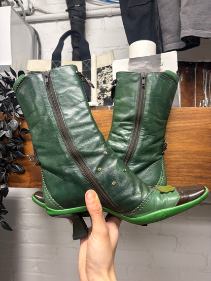 AW1999 Prada Green Calfskin Leather Leaf Appliqué Ankle Boots