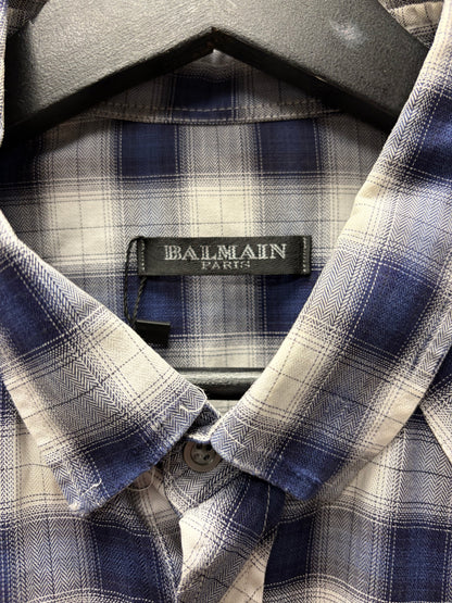 Balmain Blue Plaid Patterned Button Snap Collared Shirt