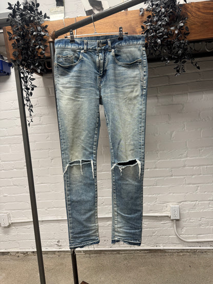 2019 Saint Laurent ‘D14’ Distressed Dirty Blue Washed Skinny Jeans