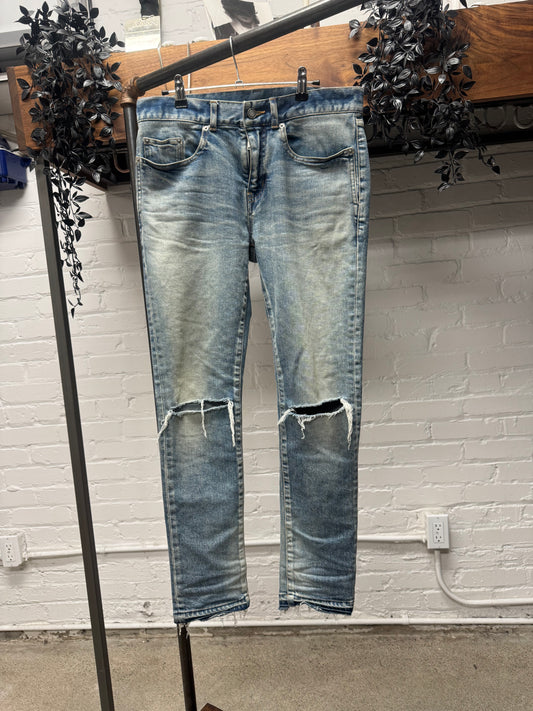 2019 Saint Laurent ‘D14’ Distressed Dirty Blue Washed Skinny Jeans