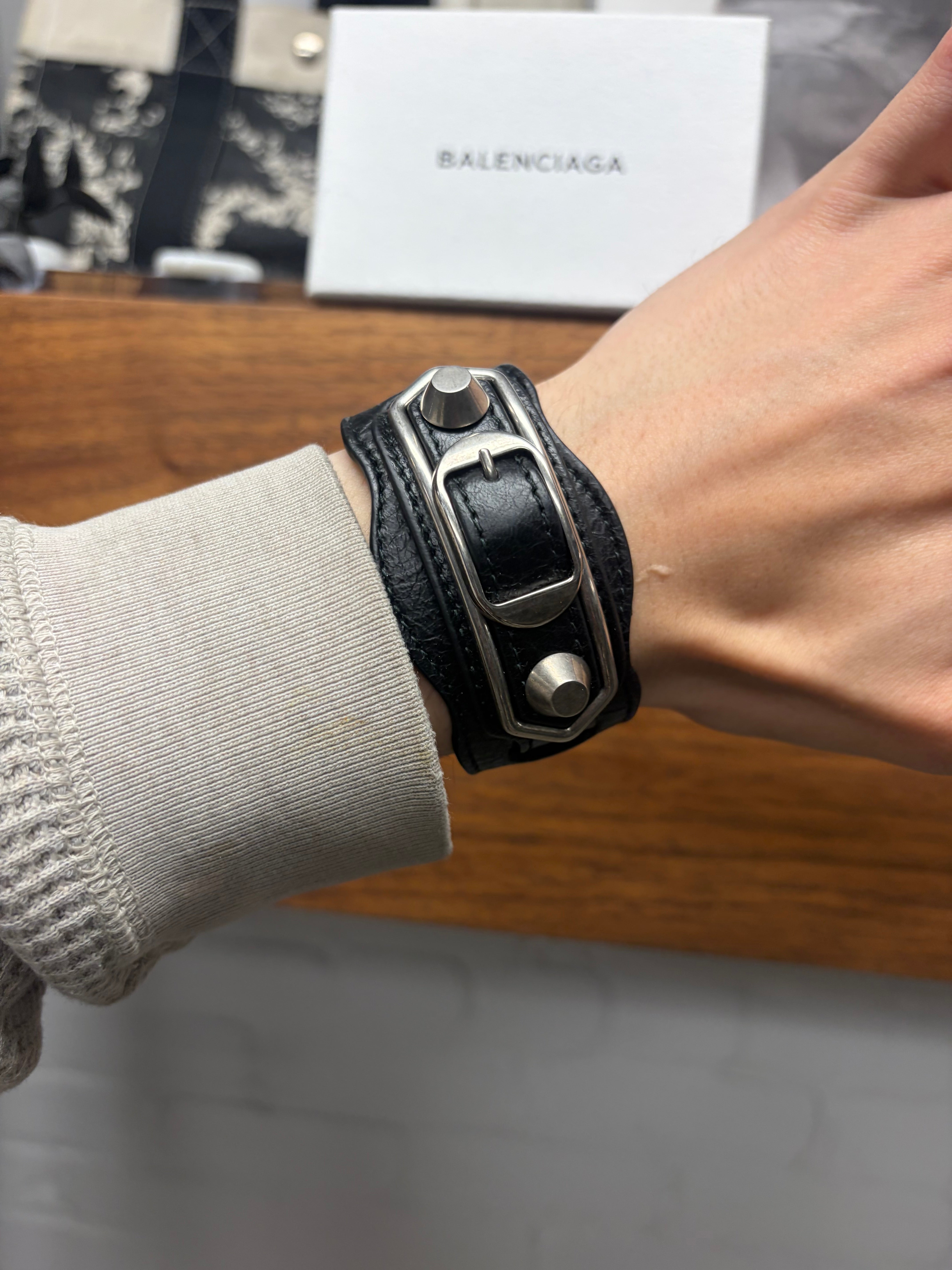 Balenciaga 'Giant' Black Calfskin Leather/Silver Stud Bracelet