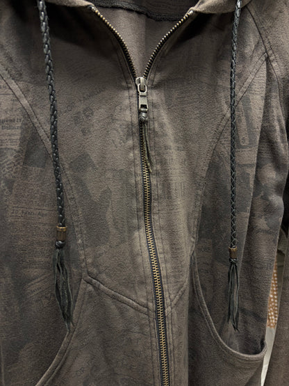 14th Addiction ‘Newspaper Print’ Zip Up Hoodie with Leather Tassels
