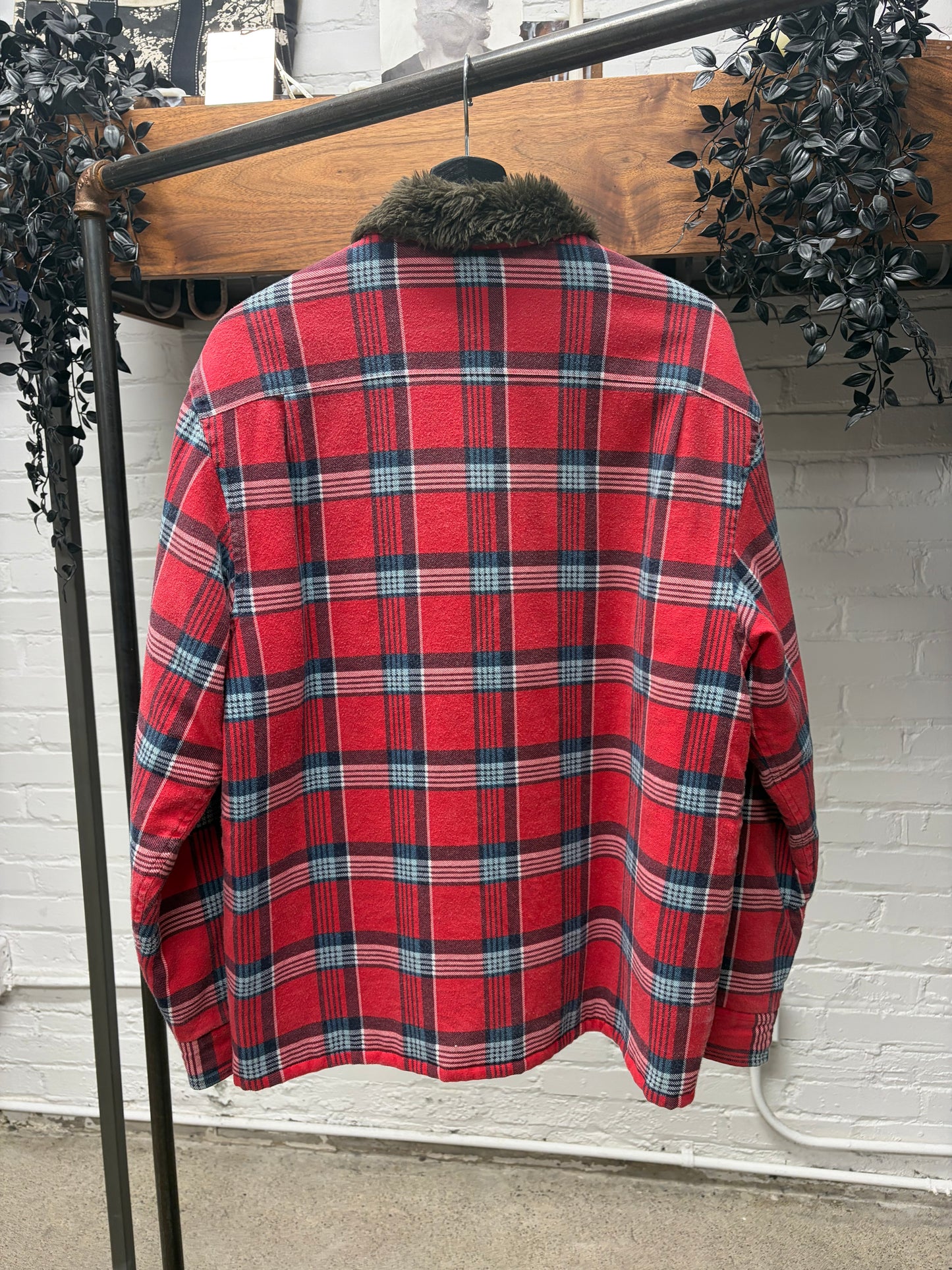 2021 Supreme Quilted Plaid Red Faux Fur Collar Work-Shirt