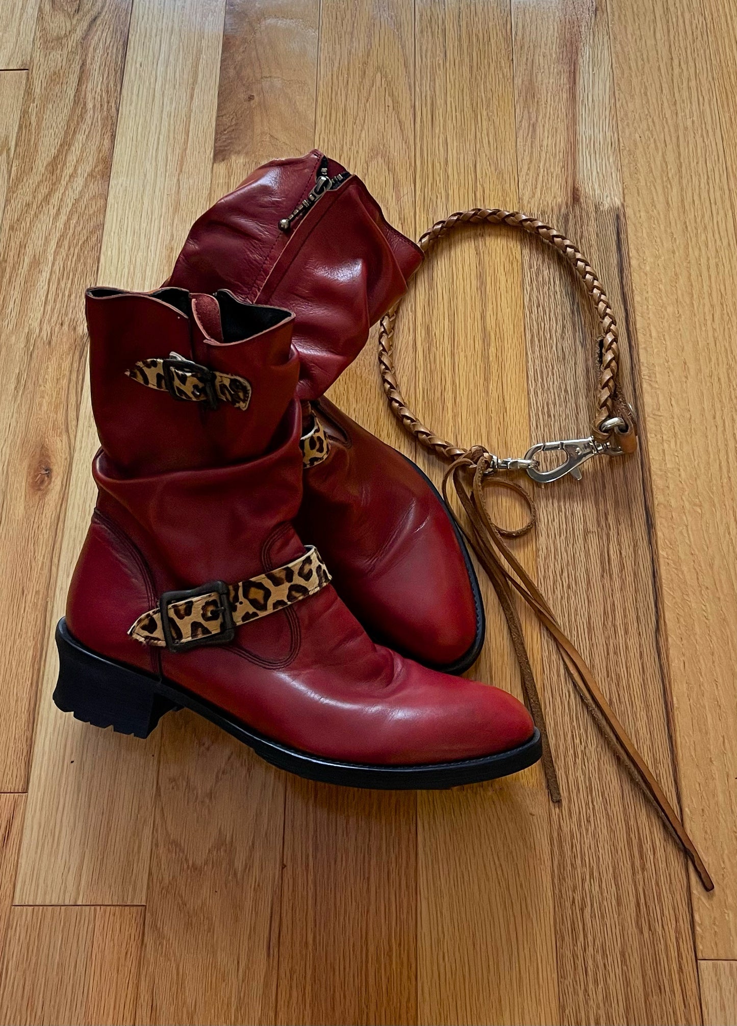 Civarize Leopard Strap Oxblood Red Leather Boots