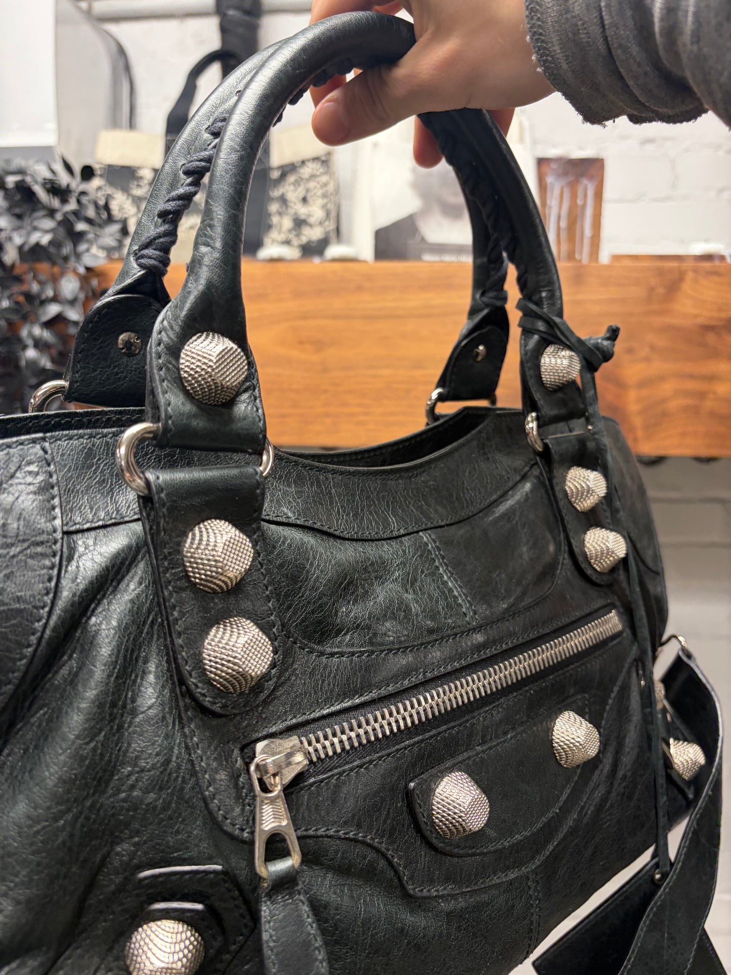 Balenciaga Black Leather ‘Giant City Bag’ with Silver Hardware and Crossbody Strap