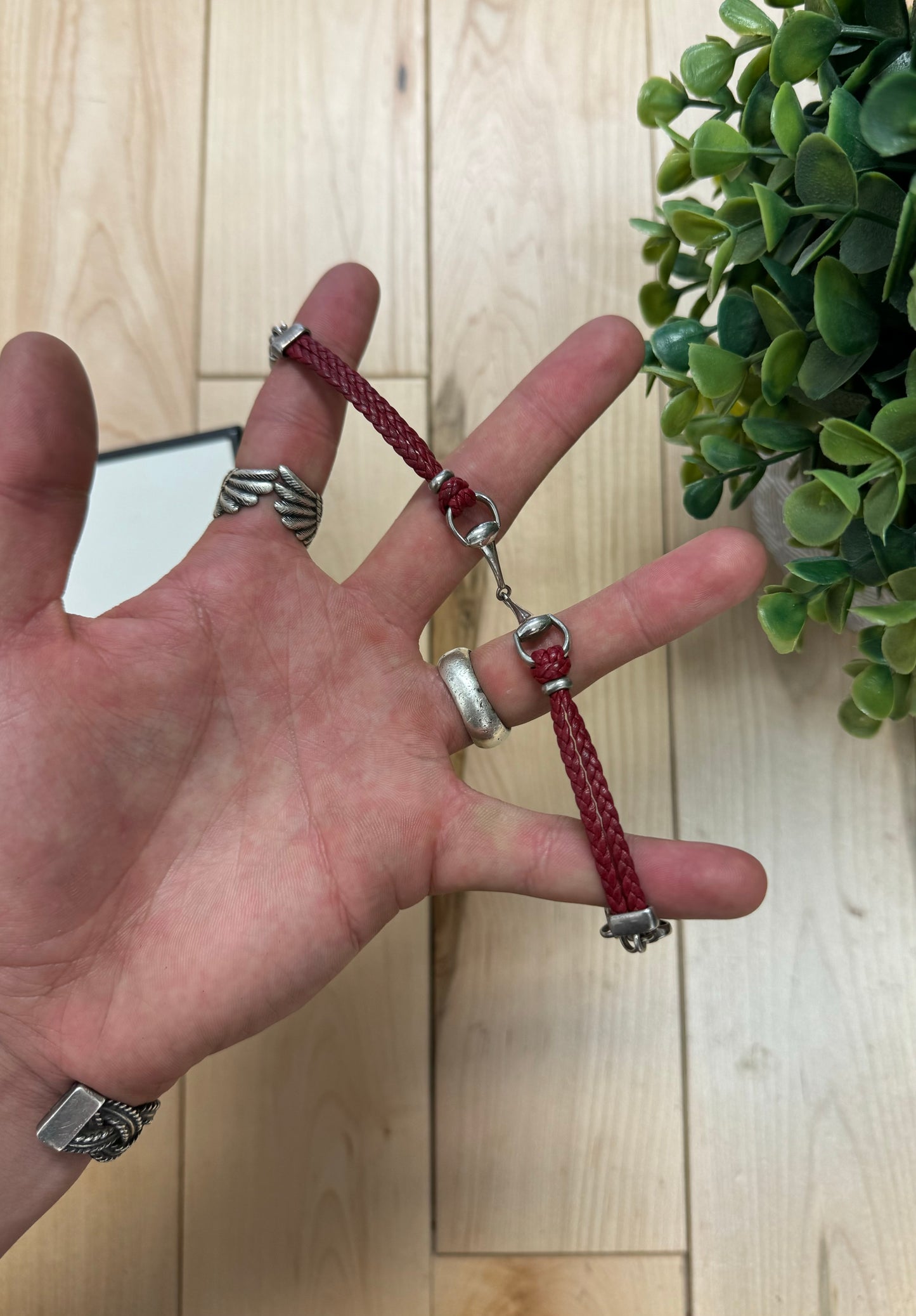 Gucci 925 Silver ‘Horsebit’ Charm Braided Leather Bracelet