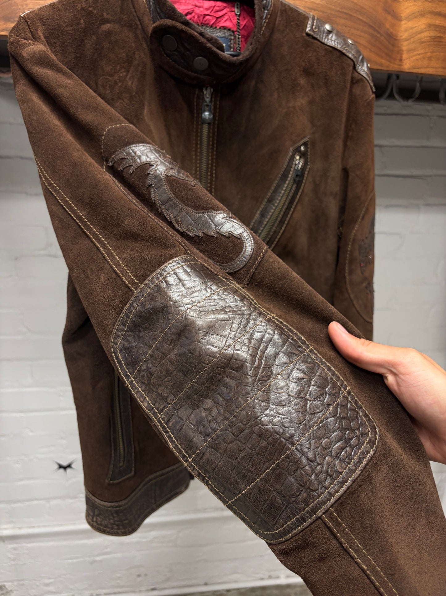 AW1998 Armani ‘Dragon Hide’ Suede/Leather Patched Brown Bomber Jacket
