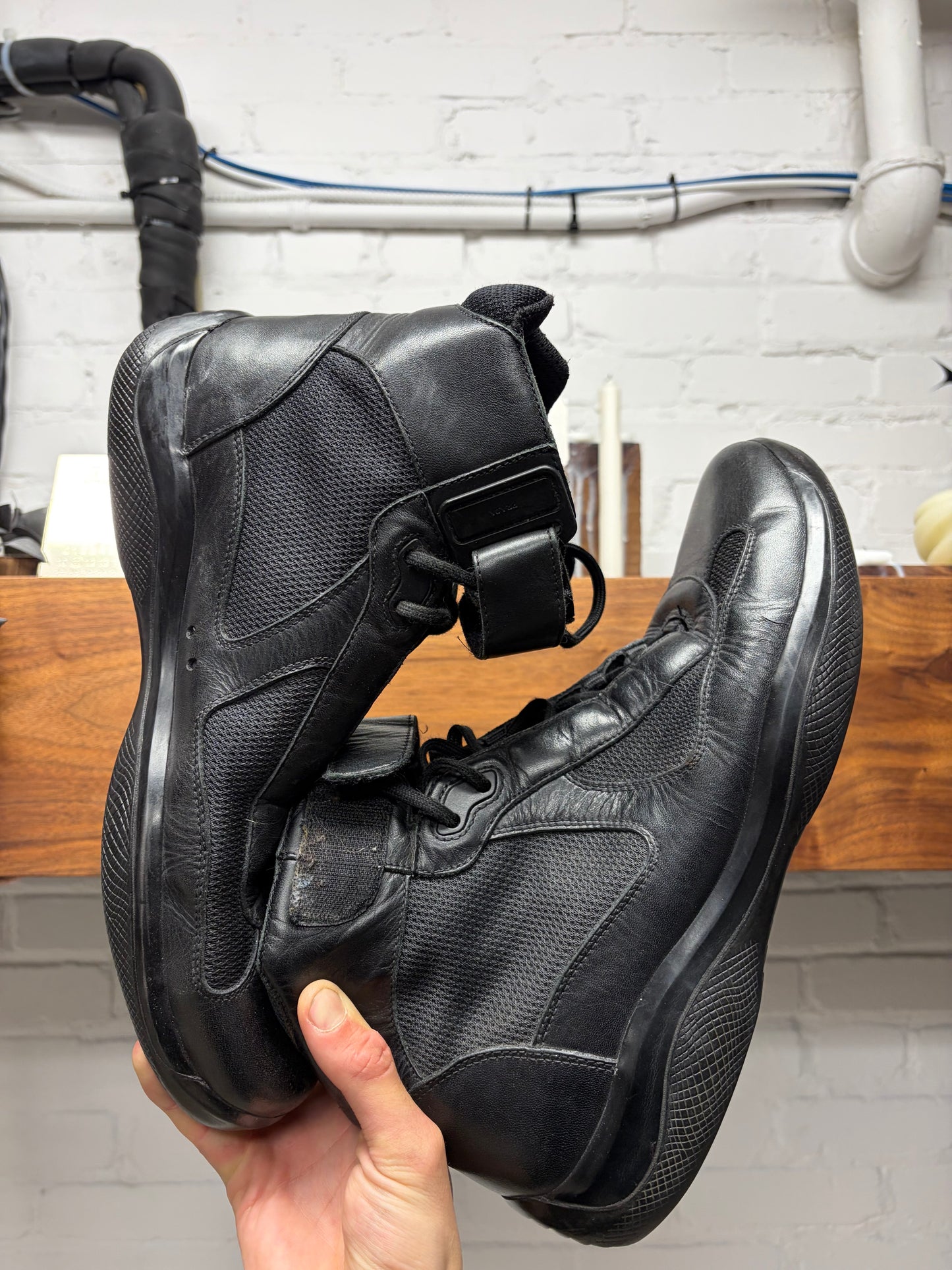 Early 2000s Prada Black Patent Leather ‘Americas Cup’ High Top Sneakers