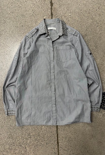 Balmain Studded Silver Pinstripe Button Down Shirt