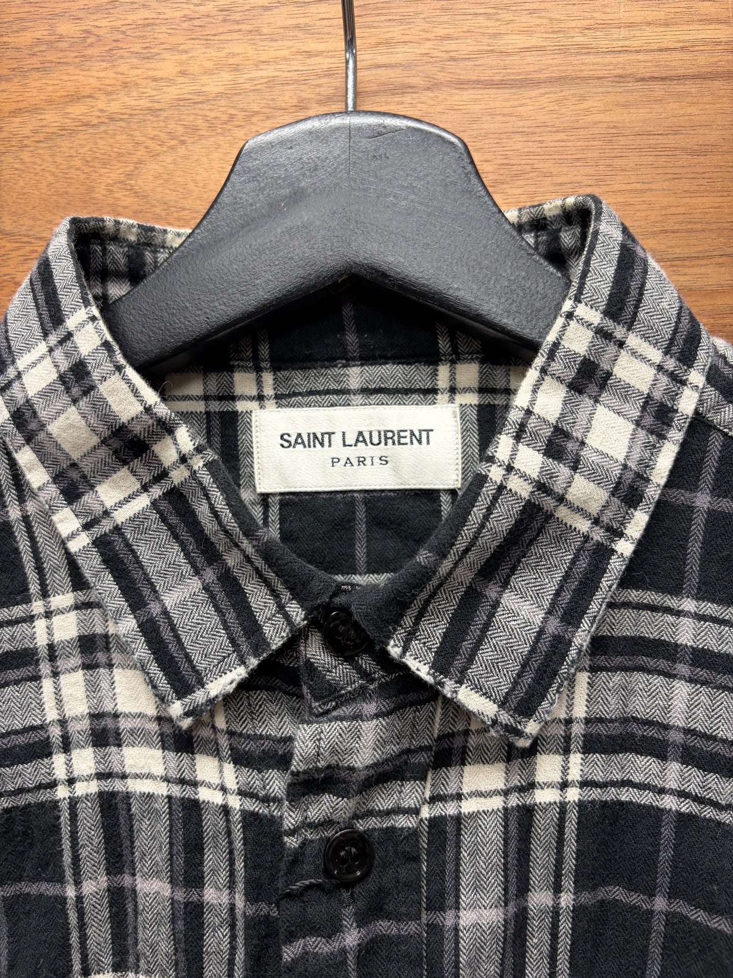 2016 Saint Laurent by Hedi Slimane Distressed Raw Hem Pearl Button Snap Flannel