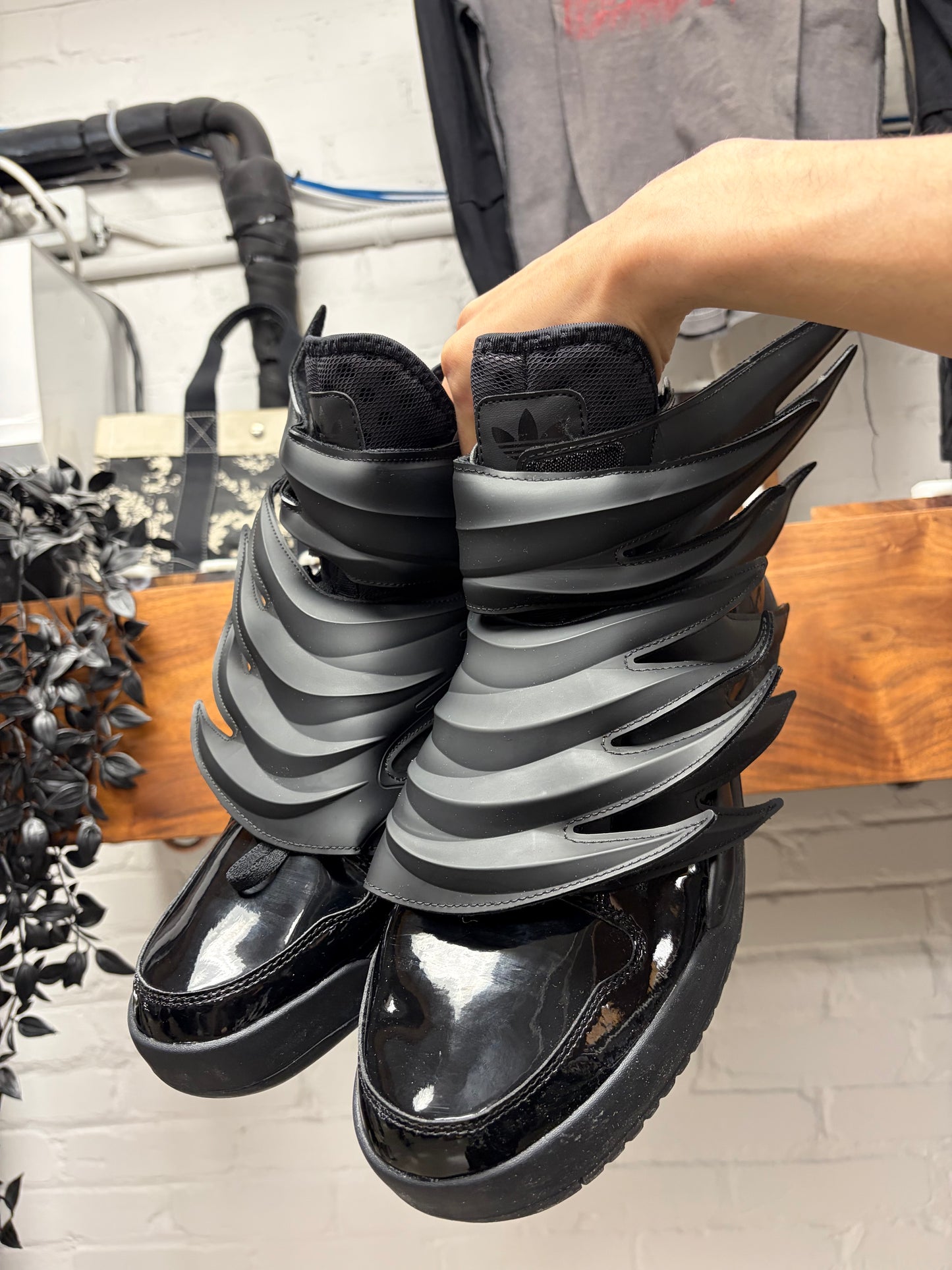 Jeremy Scott x Adidas Wings 3.0 ‘Dark Knight’ Black Patent Leather High Top Sneakers