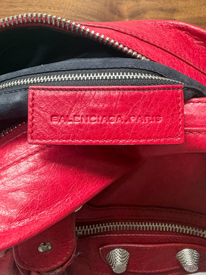 Balenciaga ‘Giant 21’ Tumbled Red Leather ‘City Bag’ with Silver Hardware