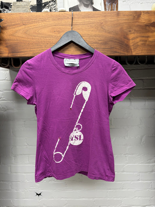 2000s Yves Saint Laurent Rive Gauche ‘Safety Pin’ Purple Graphic T-Shirt