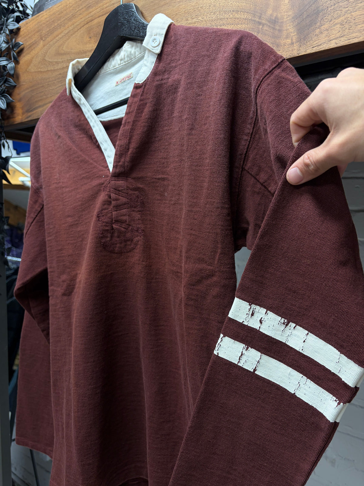 Kapital Vintage Inspired Dark Red/White Cotton ‘Rugby’ Long Sleeve Polo
