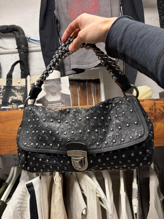 Prada Silver Hardware Studded Black Lambskin Leather Handbag