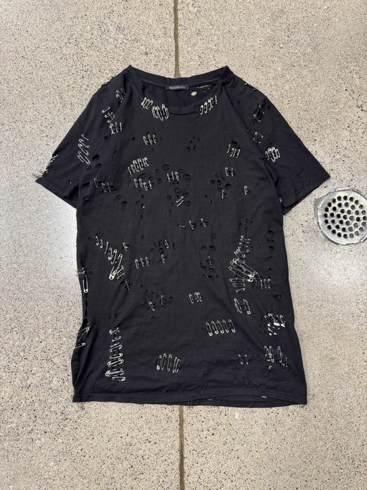 SS2011 Balmain by Christophe Decarnin ‘Safety Pin’ Distressed Black T-Shirt