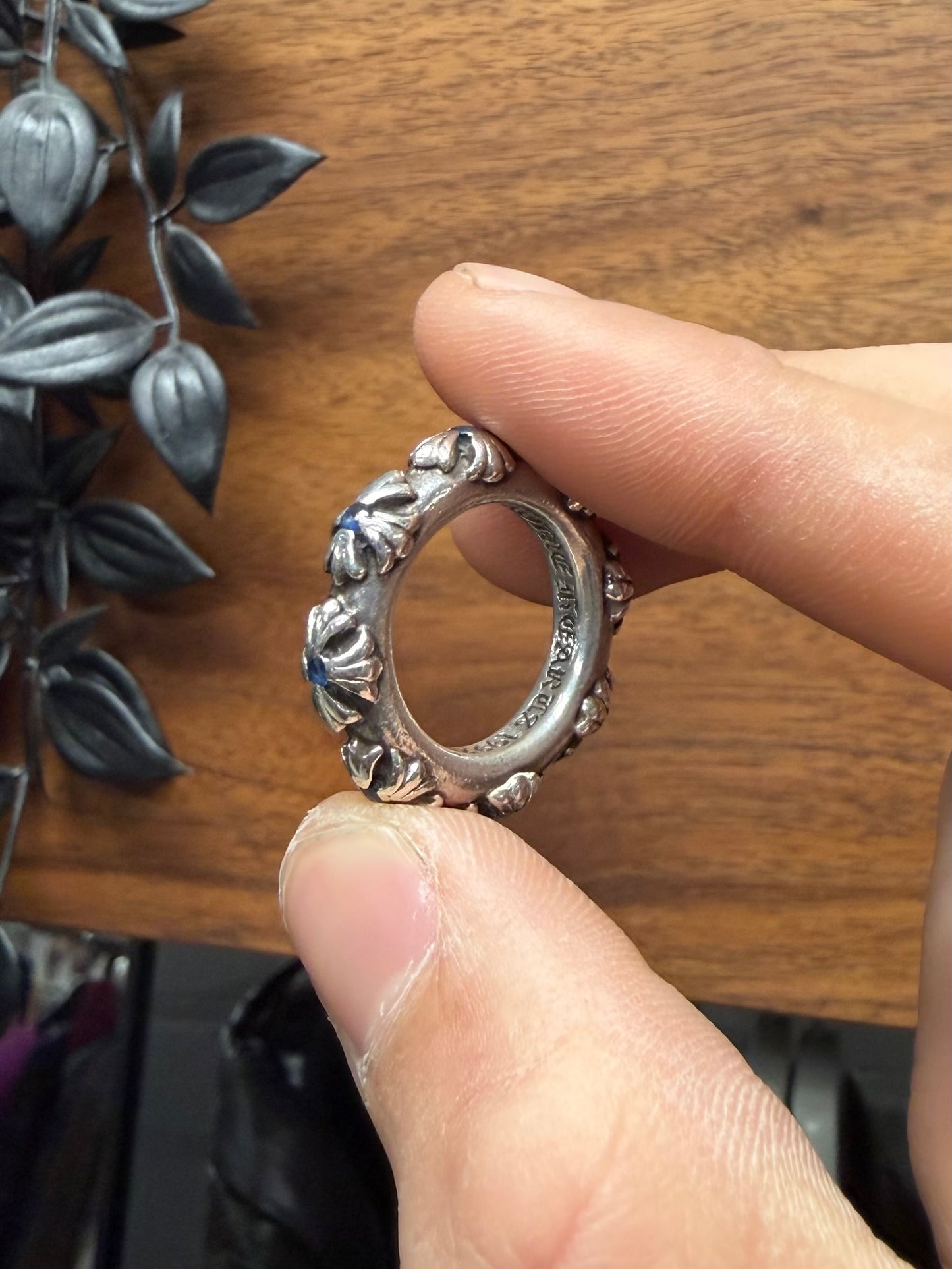 Chrome Hearts ‘Cross Band’ 925 Silver Ring with Factory Set Sapphire Stones