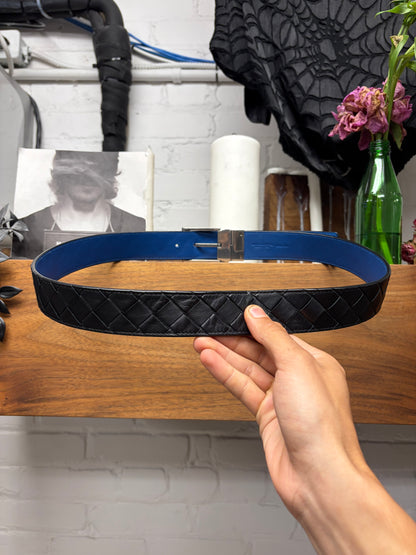 Bottega Veneta ‘Intrecciato’ Woven Black Leather Belt with Blue Interior