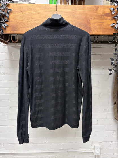 2019 Saint Laurent Silver/Black Glitter Striped Mock Neck Long Sleeve Shirt
