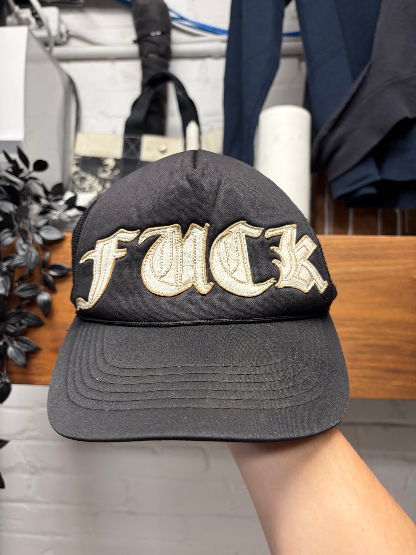 Vintage Chrome Hearts ‘Fuck’ White Leather Patched Black Trucker Hat