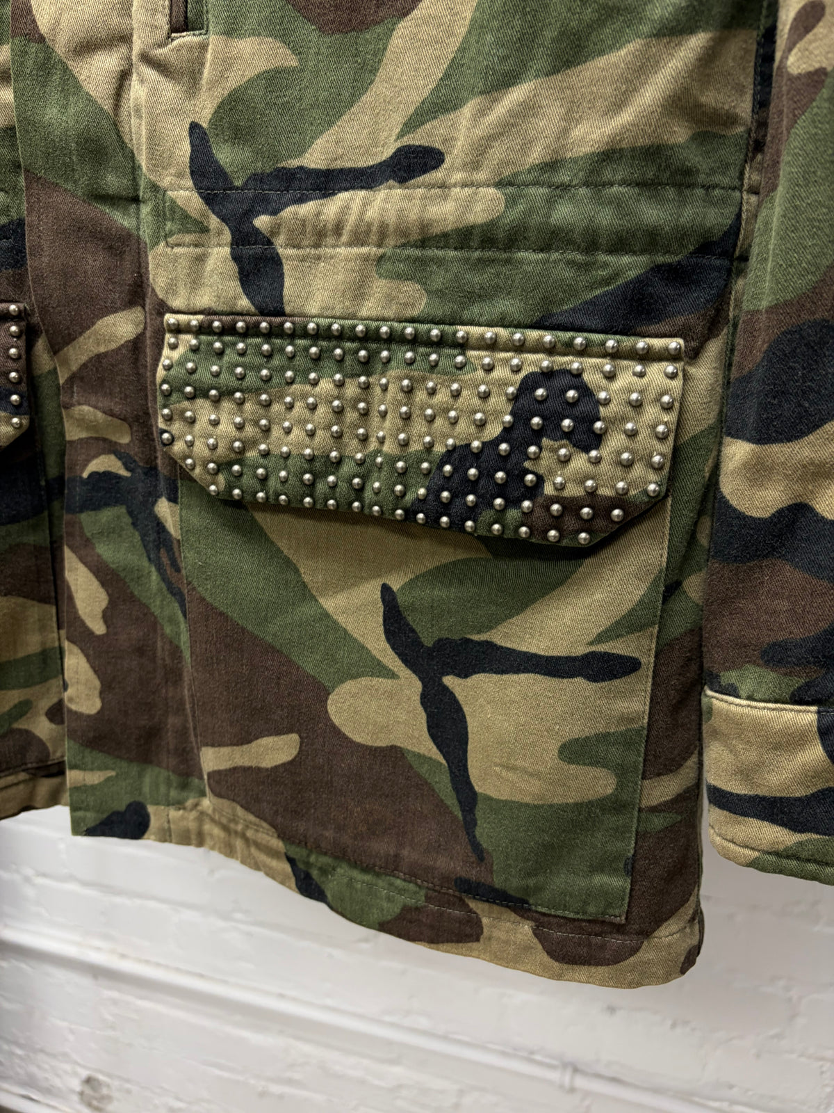 2019 Saint Laurent Studded Military Camo Jacket with Shearling Liner