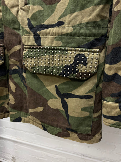 2019 Saint Laurent Studded Military Camo Jacket with Shearling Liner