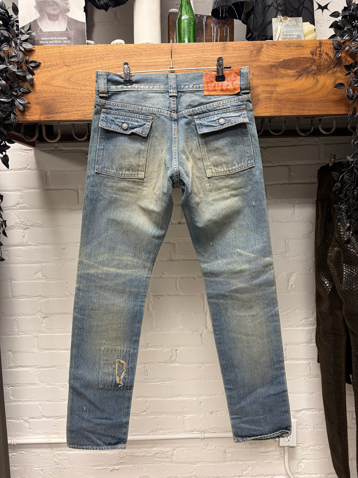 Kapital Low Rise Dirt Washed Blue ‘Snap Front Pocket’ Sashiko Repaired Skinny Jeans