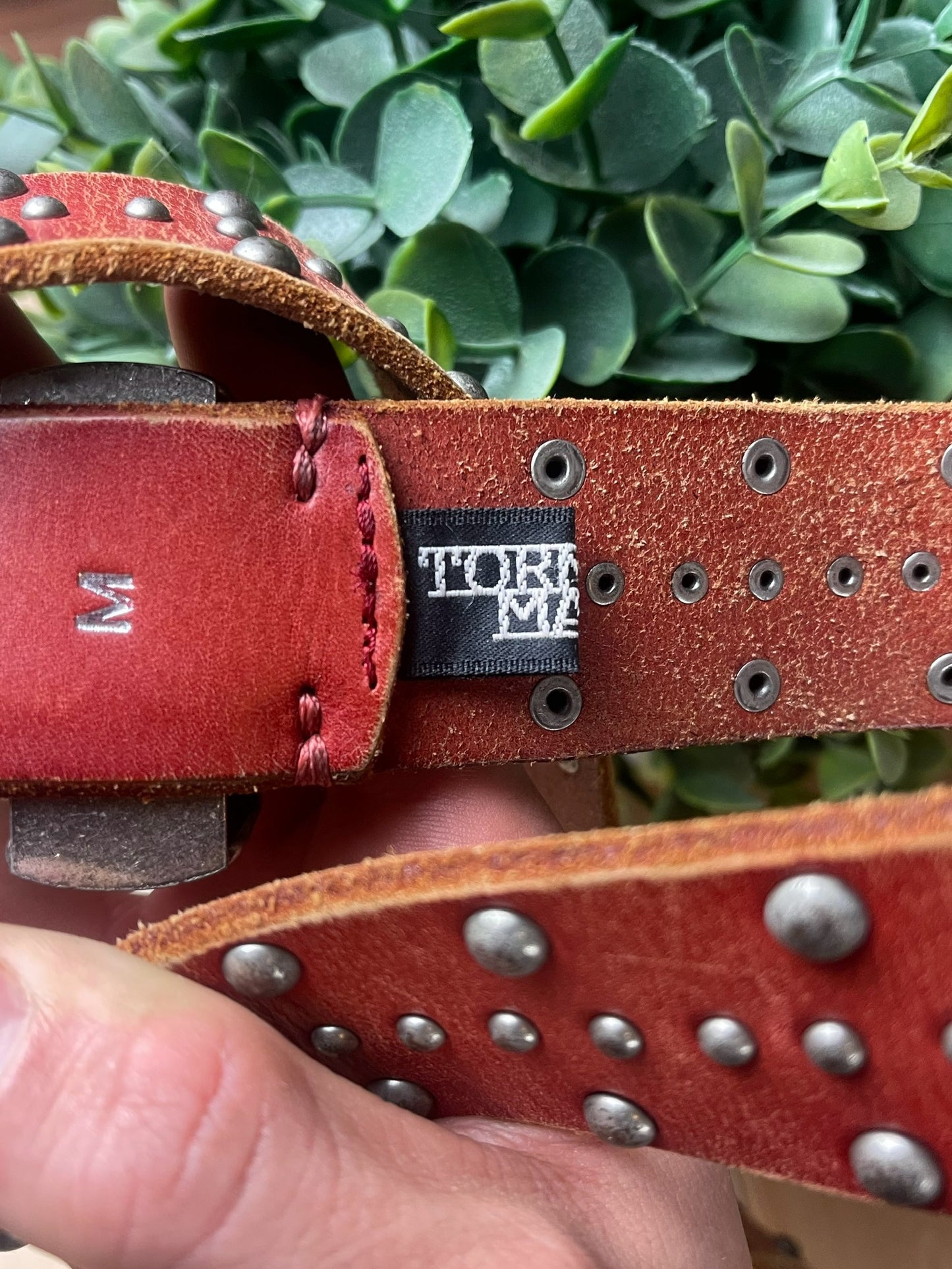 Tornado Mart Studded Silver Buckle Red Leather Belt