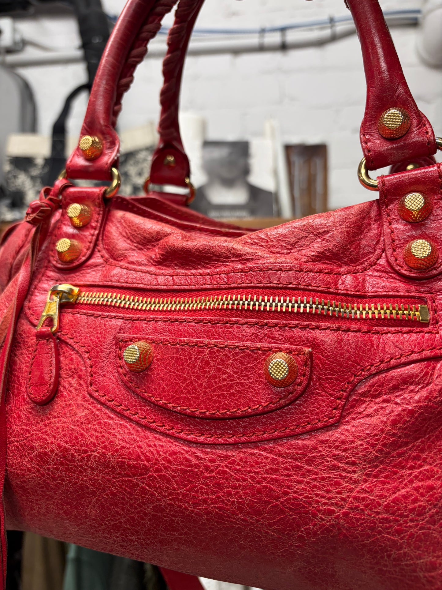 Balenciaga Red/Gold Hardware ‘City Bag’ with Crossbody Strap