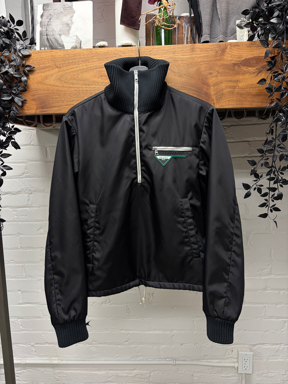 2019 Prada Black Gabardine Nylon Half-Zip Windbreaker Jacket With Ribbed Collar