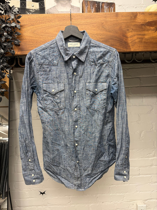 Saint Laurent Pearl Button Snap Blue Denim Shirt