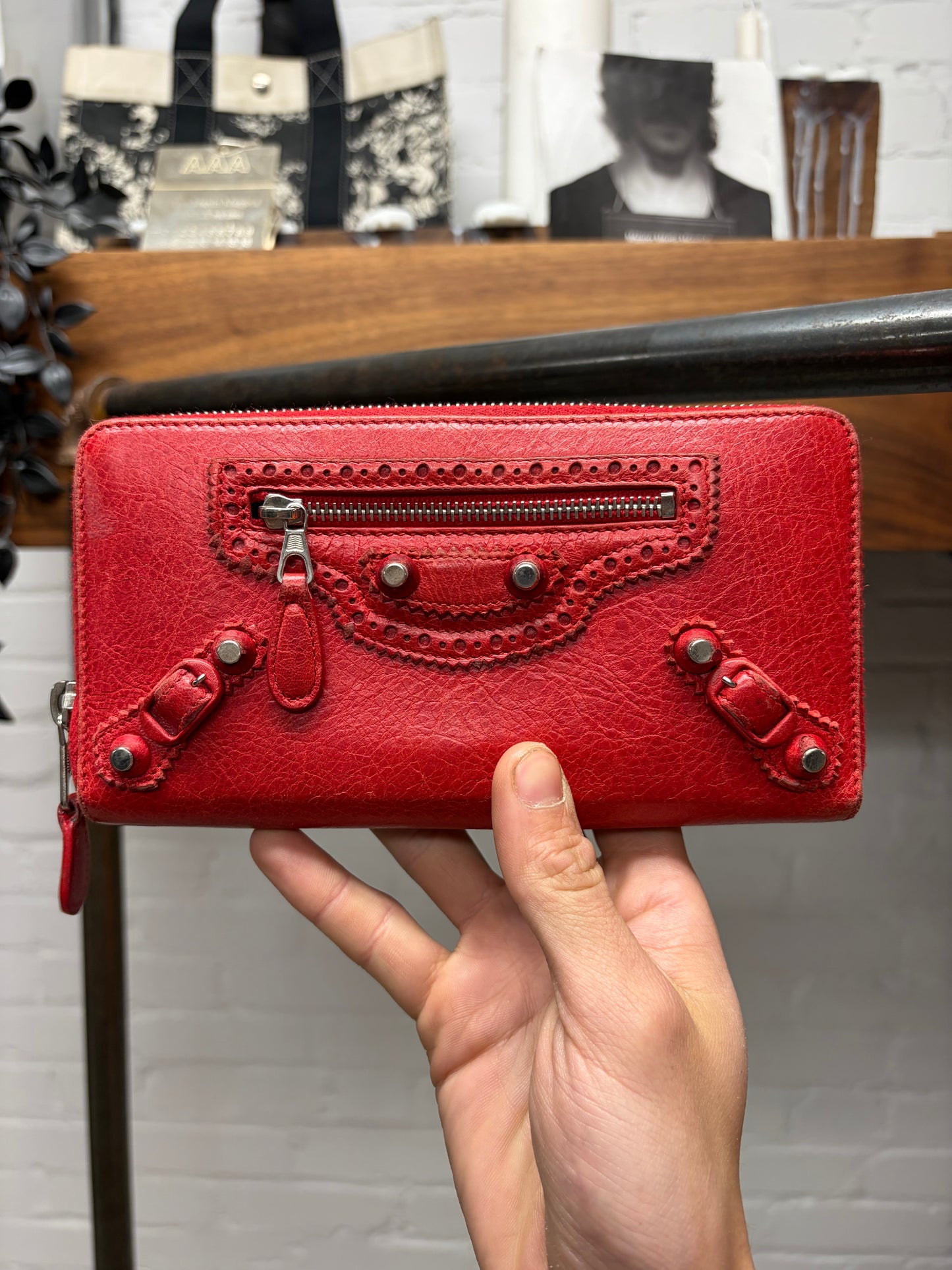 Balenciaga Red Leather ‘Brogue’ Continental Long Wallet