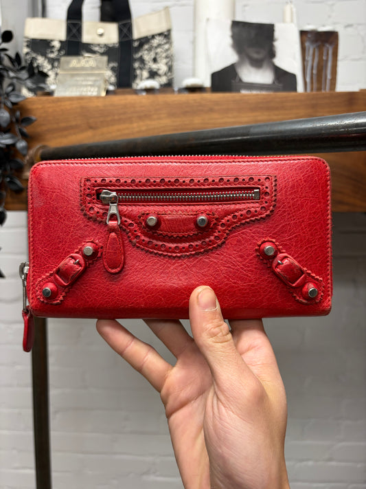 Balenciaga Red Leather ‘Brogue’ Continental Long Wallet