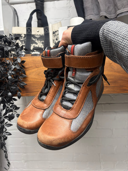 Vintage Prada Sport ‘America’s Cup’  Brown/Tan Leather High Top Sneakers
