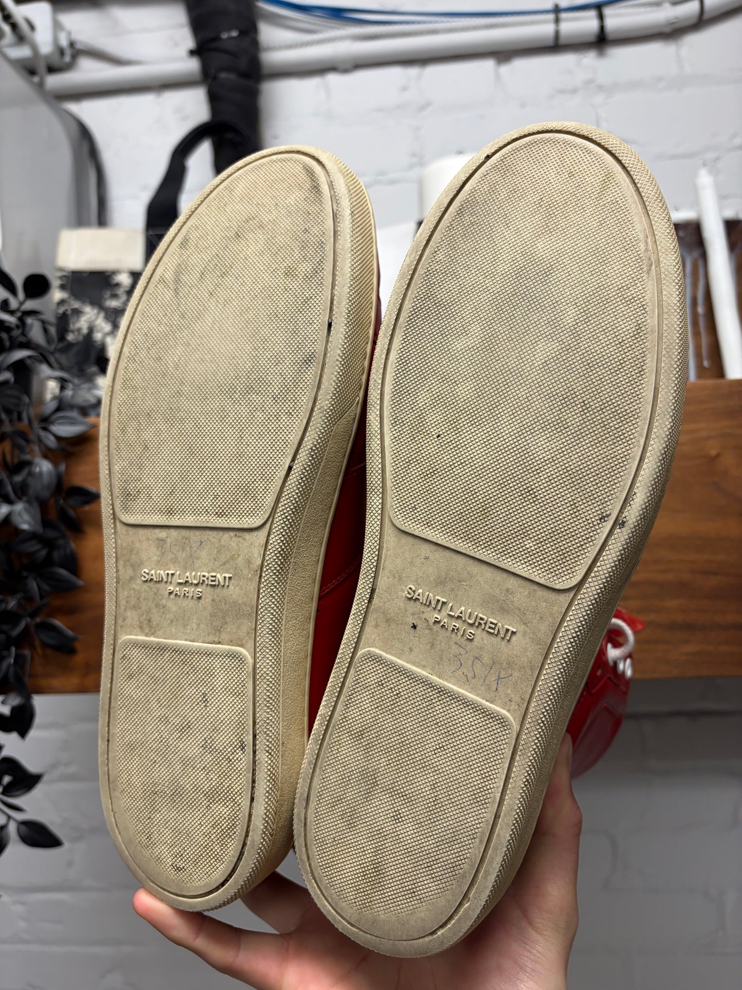 Saint Laurent SL/03 Red/White Leather Court High Top Sneakers