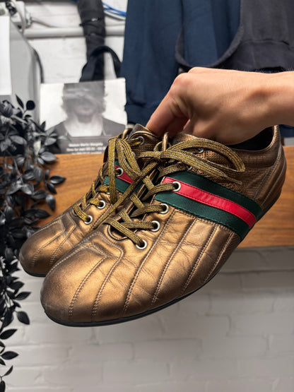 2000s Gucci Gold/Metallic Leather ‘Web’ Low Top Sneakers