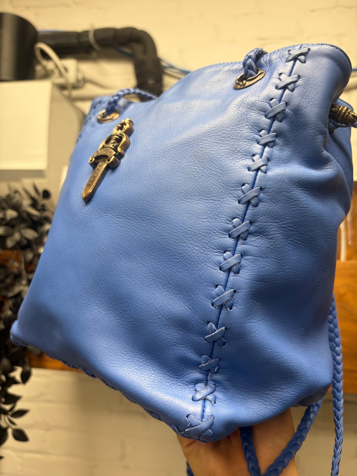 Chrome Hearts ‘Dirty Knees’ Chiffon Blue Woven Leather Dagger Bucket Bag