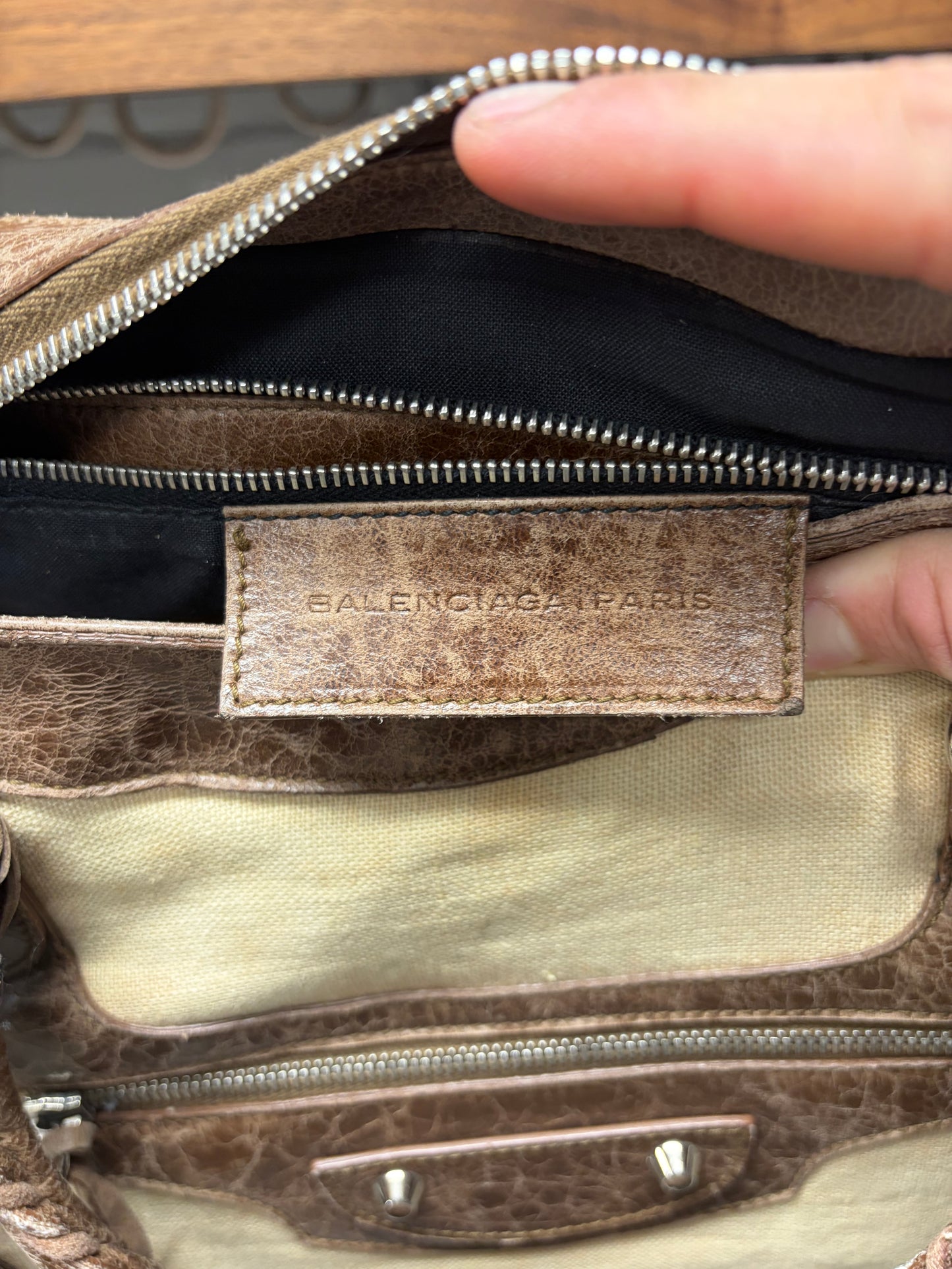 Balenciaga Brown Natural Linen/Leather ‘City Bag’ With Crossbody Strap