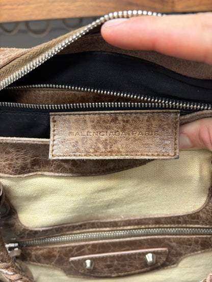 Balenciaga Brown Natural Linen/Leather ‘City Bag’ With Crossbody Strap