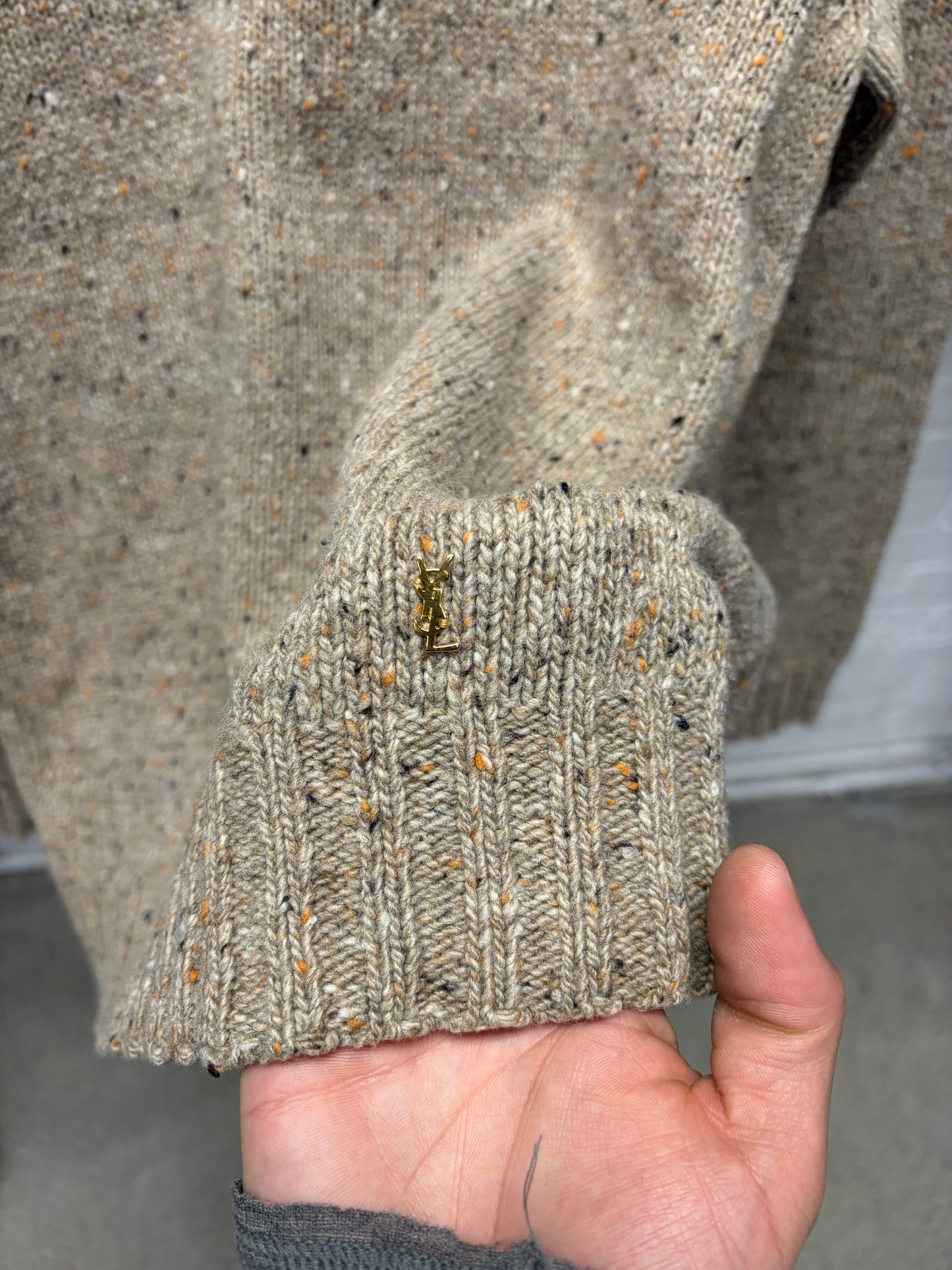 Saint Laurent Flocked Wool ‘YSL’ Pin Logo Knit Sweater