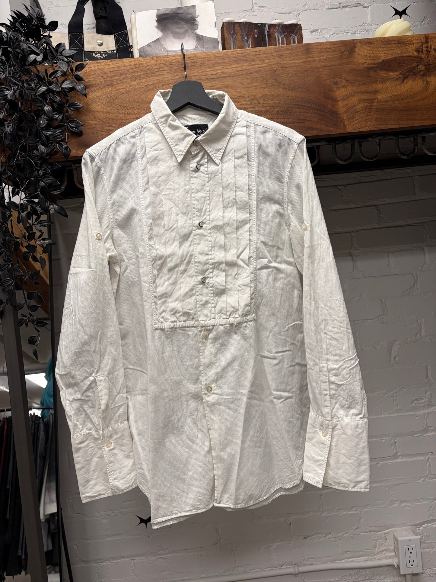 SS2007 Number (N)ine ‘About a Boy’ Pleated White Pearl Button Snap Shirt