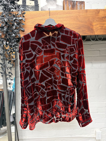 Vintage Gianni Versace Sheer Mesh/Red Velvet Geometric Panelled Button Up Shirt