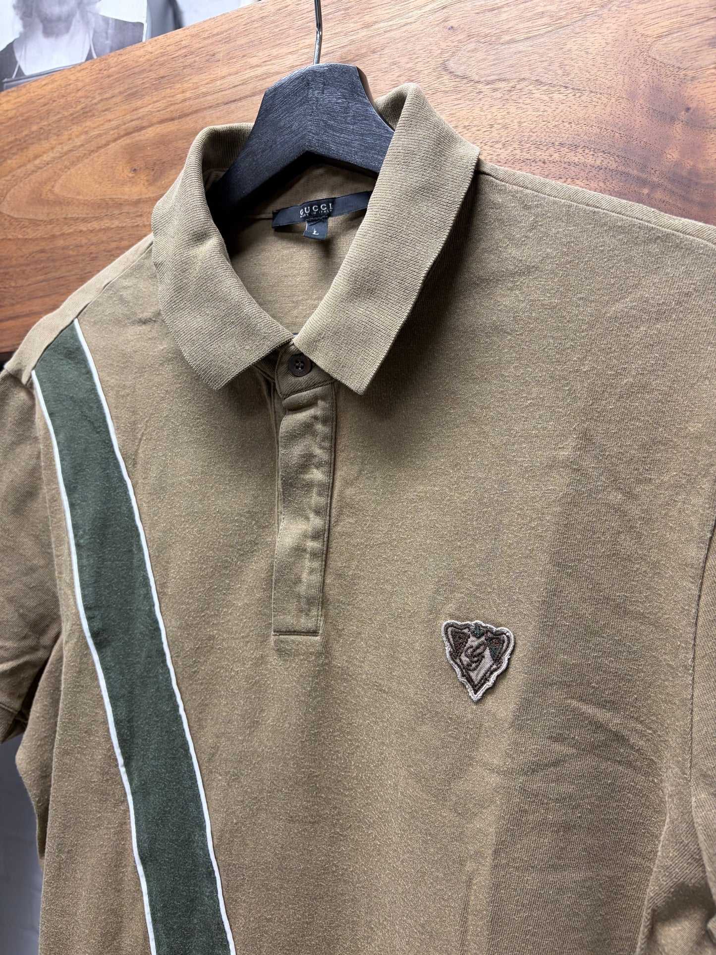 Gucci ‘Crest Logo’ Brown/Green Diagonal Striped Cotton Polo