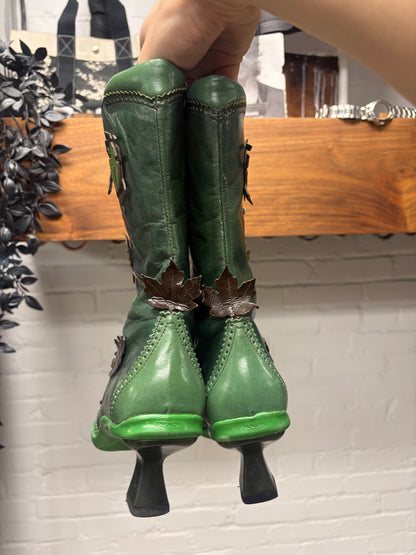 AW1999 Prada Green Calfskin Leather Leaf Appliqué Ankle Boots