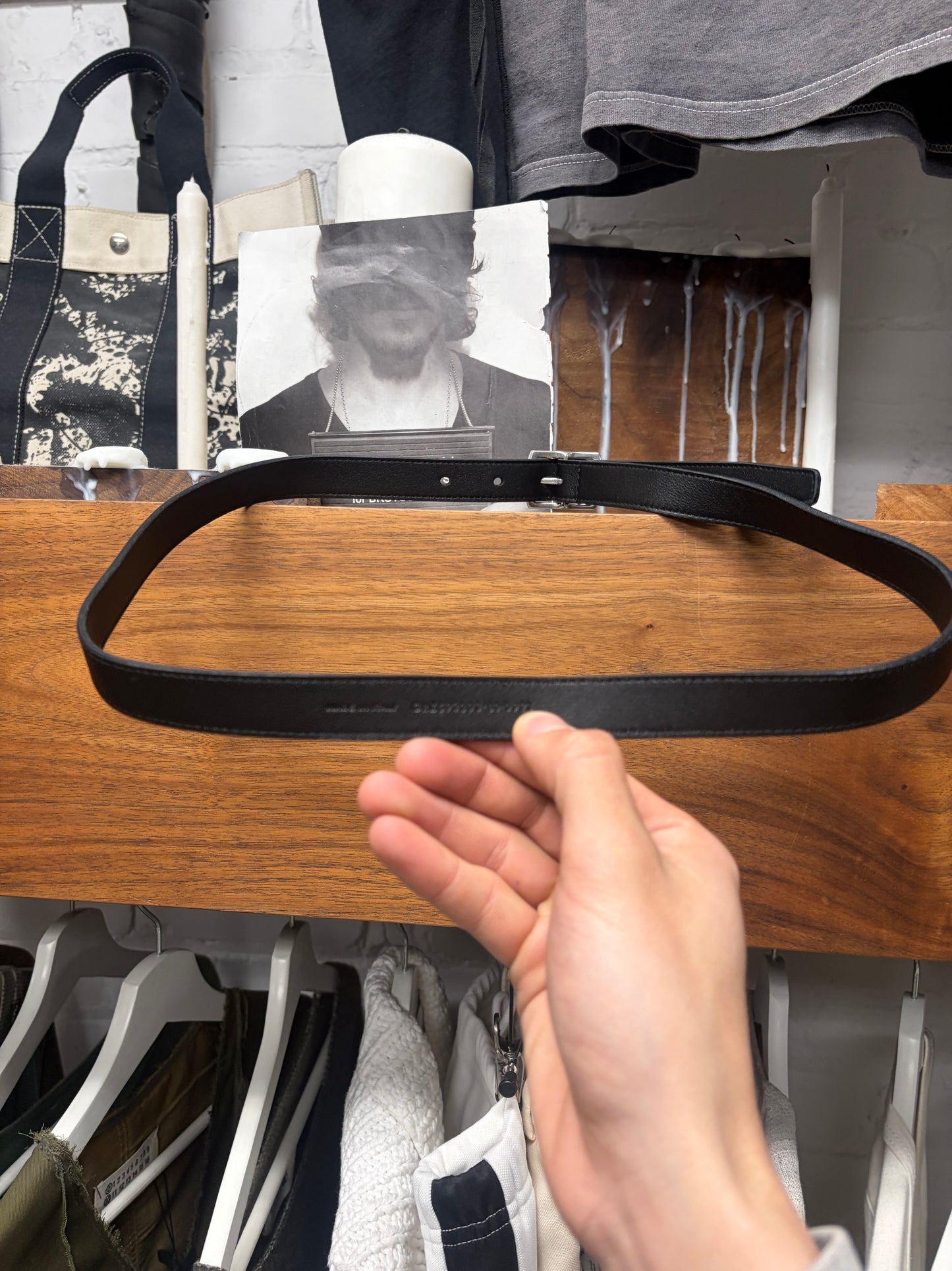 Saint Laurent ‘Minimalist’ Black Leather/Silver Buckle Thin Belt