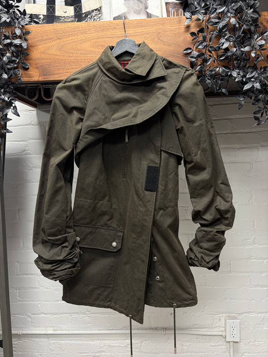 AW2017 Saint Laurent ‘Ruched Sleeves’ Waxed Military Canvas Coat with Plaid Liner