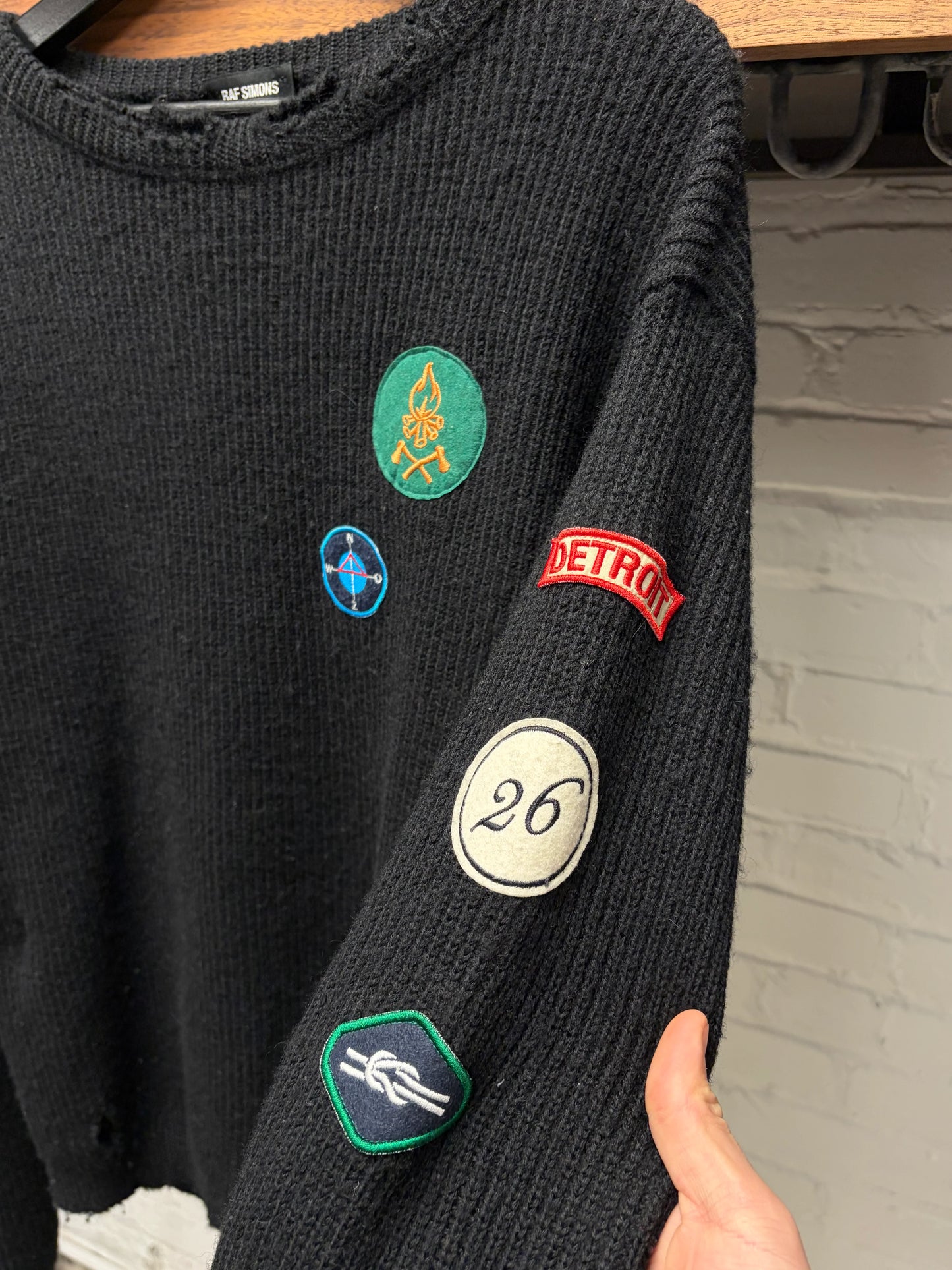 AW2016 Raf Simons ‘Detroit’ Patched Black Knit Sweater