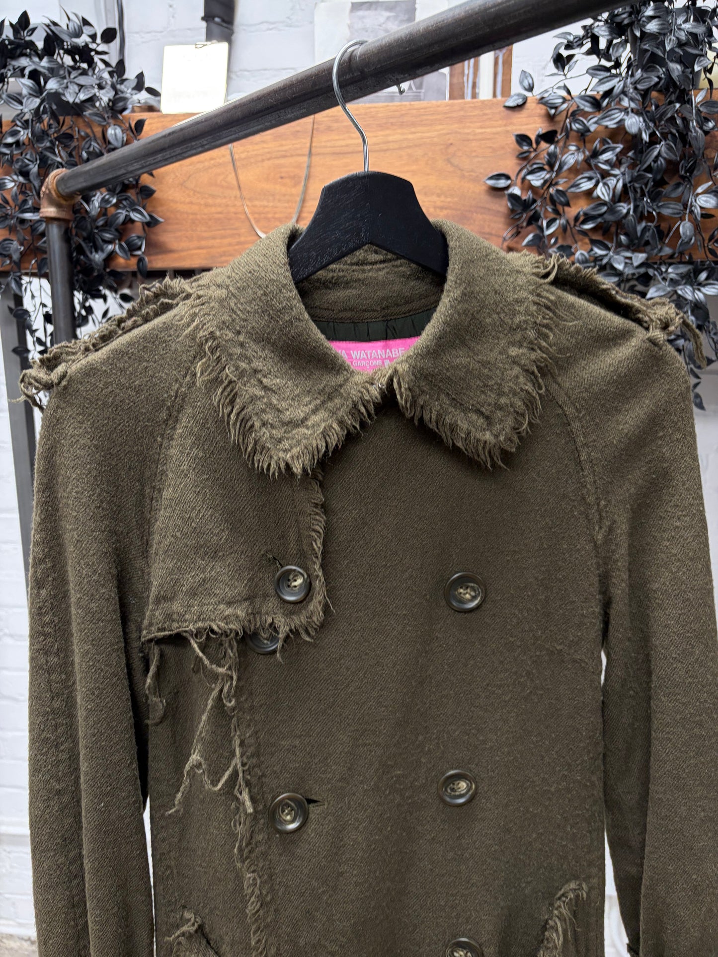 AW2003 Junya Watanabe Distressed Wool Double Breasted Trench Coat