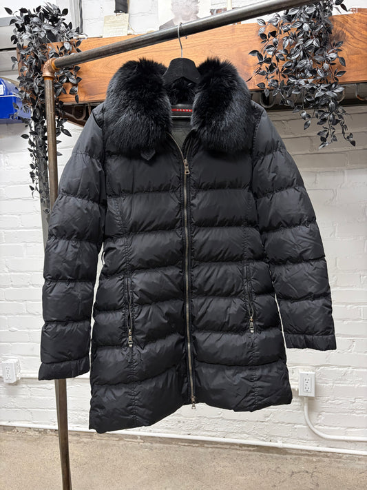 Prada Fur Trim Collar Black Down Padded Coat